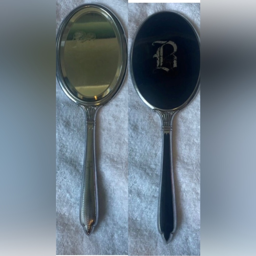Vintage Art Deco Handheld Vanity Mirror Black & Silver with Letter "B"